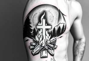 Campfire with cross hidden well in the flames include the great outdoors and night sky make sure cross doesn't look like it is on fire tattoo idea
