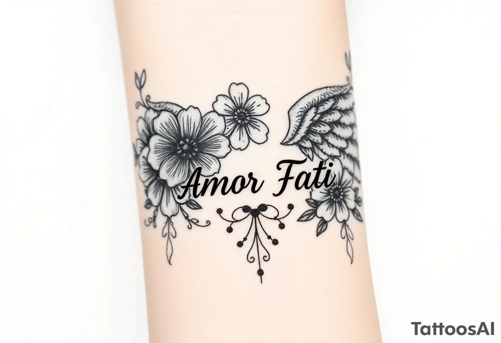 “Amor Fati” flowers colorful an angel wing tattoo idea