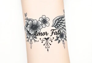 “Amor Fati” flowers colorful an angel wing tattoo idea