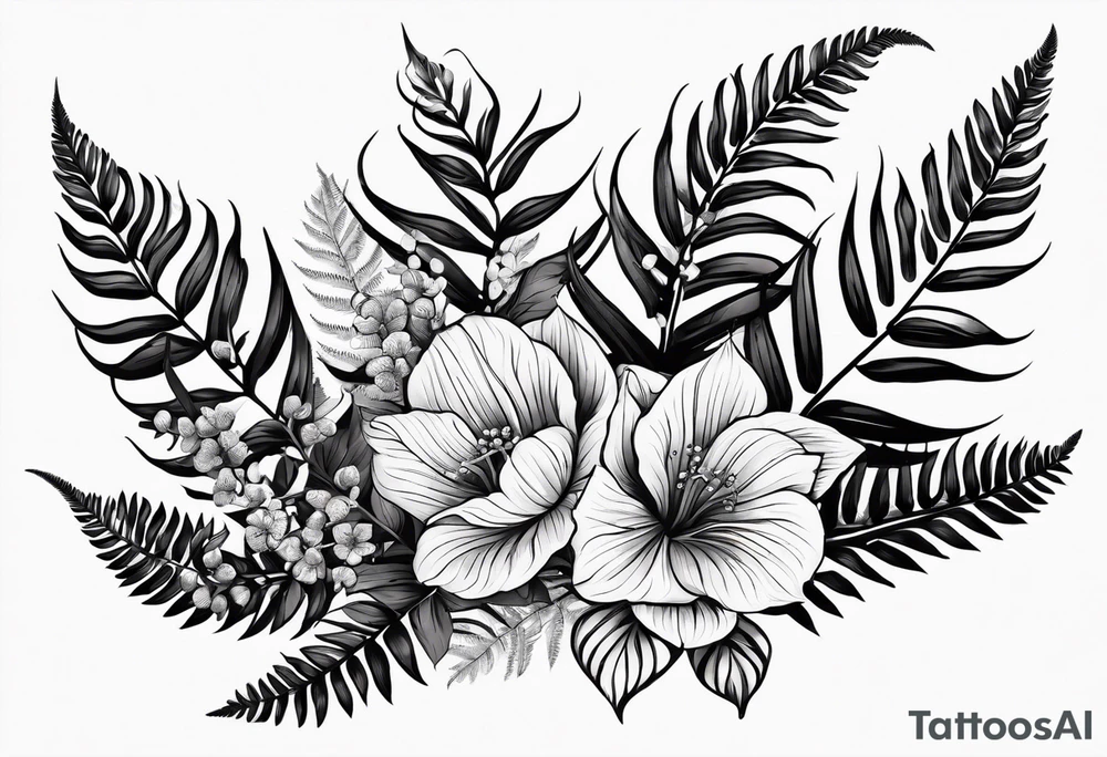 Fern leaf and flower tattoo idea