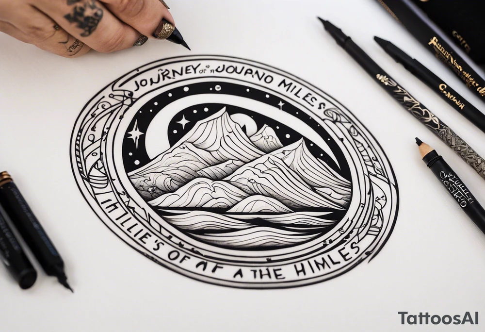 A tattoo featuring a meaningful quote about life's journey, such as "The journey of a thousand miles begins with a single step," accompanied by celestial elements to emphasize the cosmic nature of your path. tattoo idea