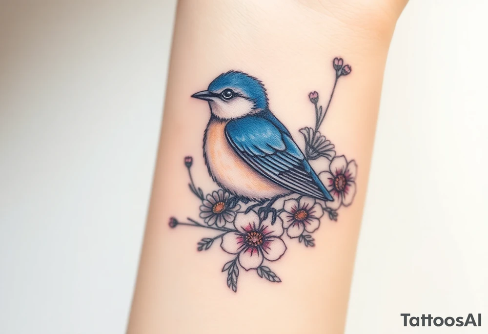 Puffy bluebird surrounded by wild flowers tattoo idea