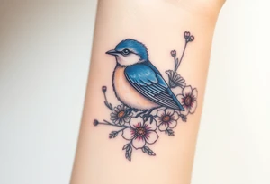 Puffy bluebird surrounded by wild flowers tattoo idea