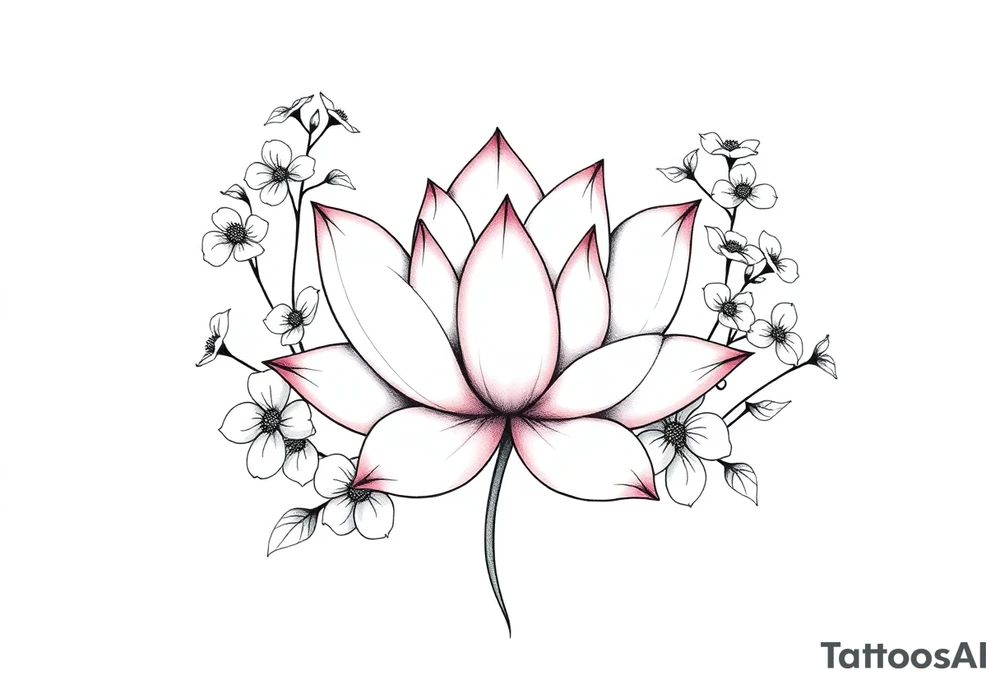 Lotus flower surrounded by forget me nots and peonies tattoo idea