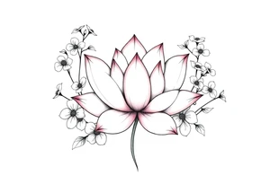 Lotus flower surrounded by forget me nots and peonies tattoo idea