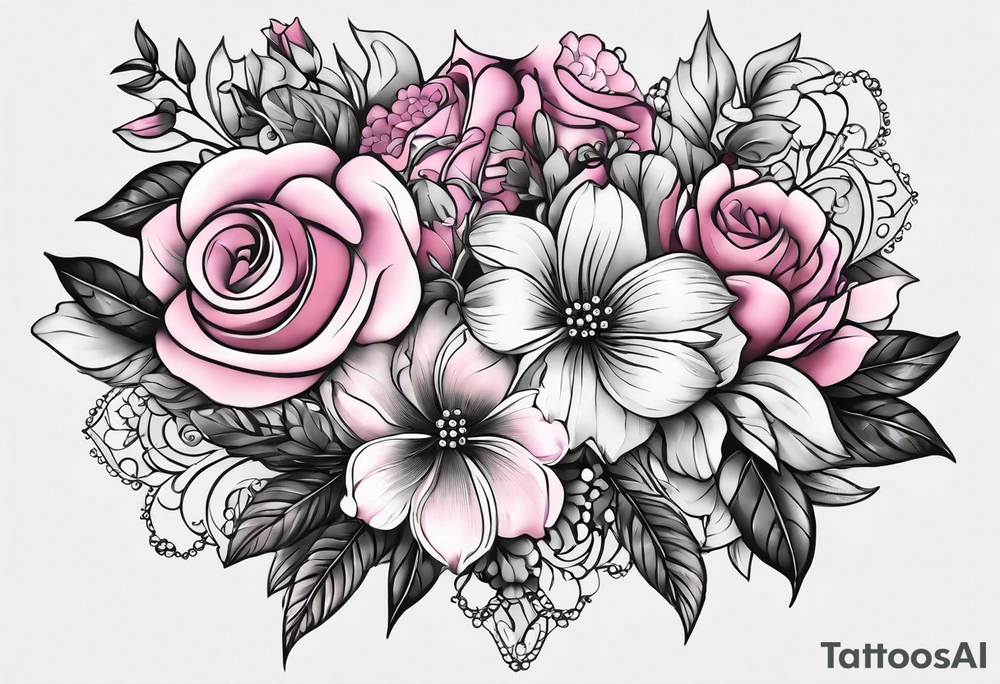 Floral leg piece with beading and lace tattoo idea. monochromatic pinks, old school flowers tattoo idea