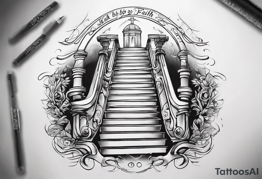 Horizontal inner bicep tattoo. “walk by faith, not by sight” stairwell wrapping around the quote. This design captures the essence of the journey guided by faith. tattoo idea
