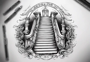 Horizontal inner bicep tattoo. “walk by faith, not by sight” stairwell wrapping around the quote. This design captures the essence of the journey guided by faith. tattoo idea