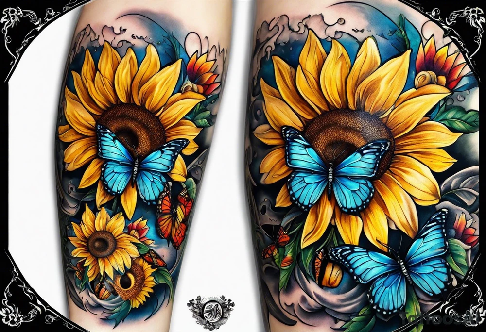 Arm sleeve with Winged cross with sunflower and butterflies tattoo idea