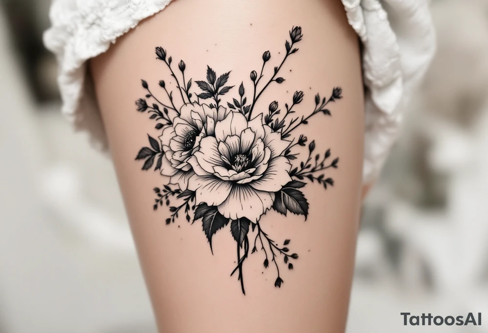 vintage bouquet of wild roses and meadow flowers with morning dew tattoo idea