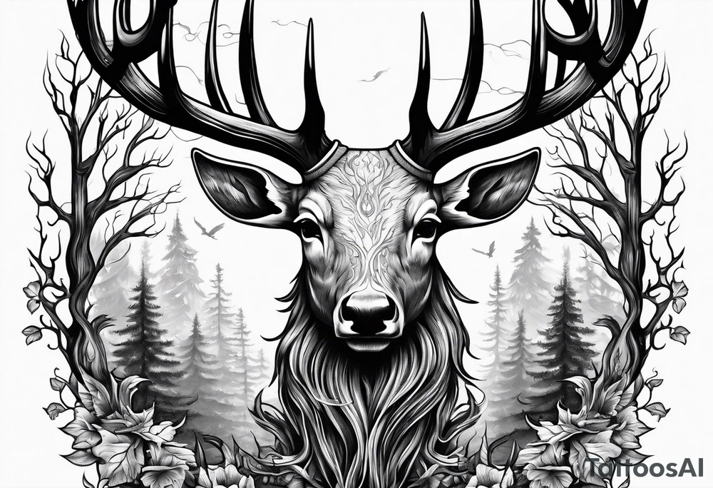A human with a deer skull head, flames and trees tattoo idea
