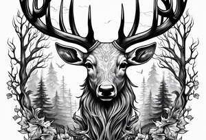 A human with a deer skull head, flames and trees tattoo idea