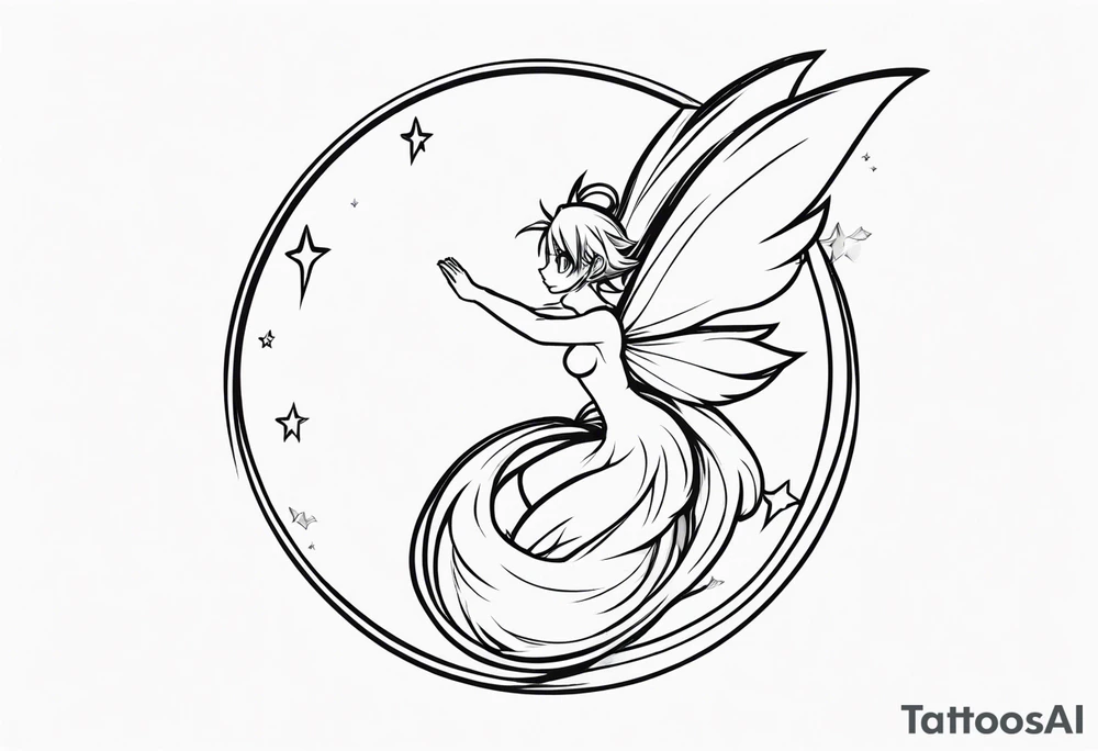 No color fairy with a tail inspired by the logo of the anime show called Fairy Tail in a fetal position leaning in and forward in the air flying tattoo idea