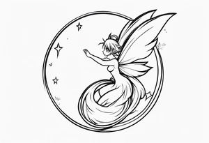 No color fairy with a tail inspired by the logo of the anime show called Fairy Tail in a fetal position leaning in and forward in the air flying tattoo idea