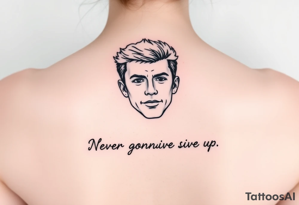 Young Rick Astley Face and Never Gonna Give You Up text tattoo idea