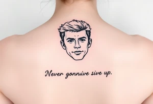 Young Rick Astley Face and Never Gonna Give You Up text tattoo idea