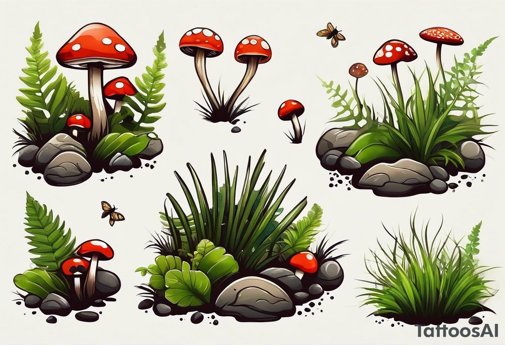minimalistic forest floor inspired tattoo, which includes grass, moss, curly ferns and dead leaves as the bulk of the tattoo. details to include: forest berries, couple of very small brown mushrooms, a tiny bumblebee flying nearby tattoo idea