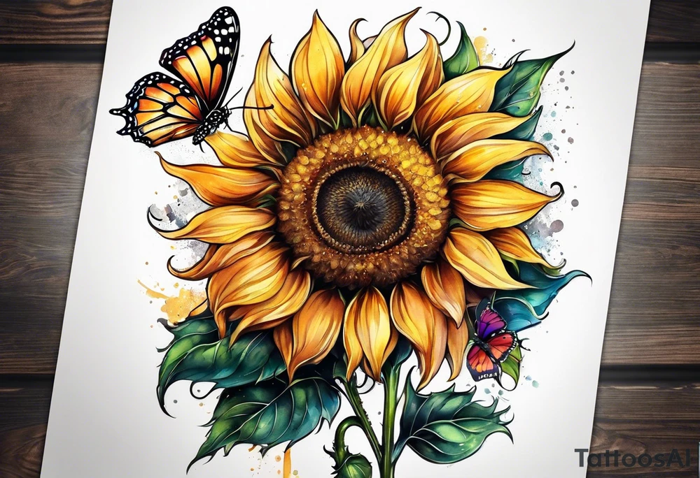 Sunflower with butterfly half leg sleeve tattoo idea