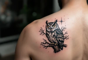 wise owl perched on ancient oak branch under starlit sky tattoo idea