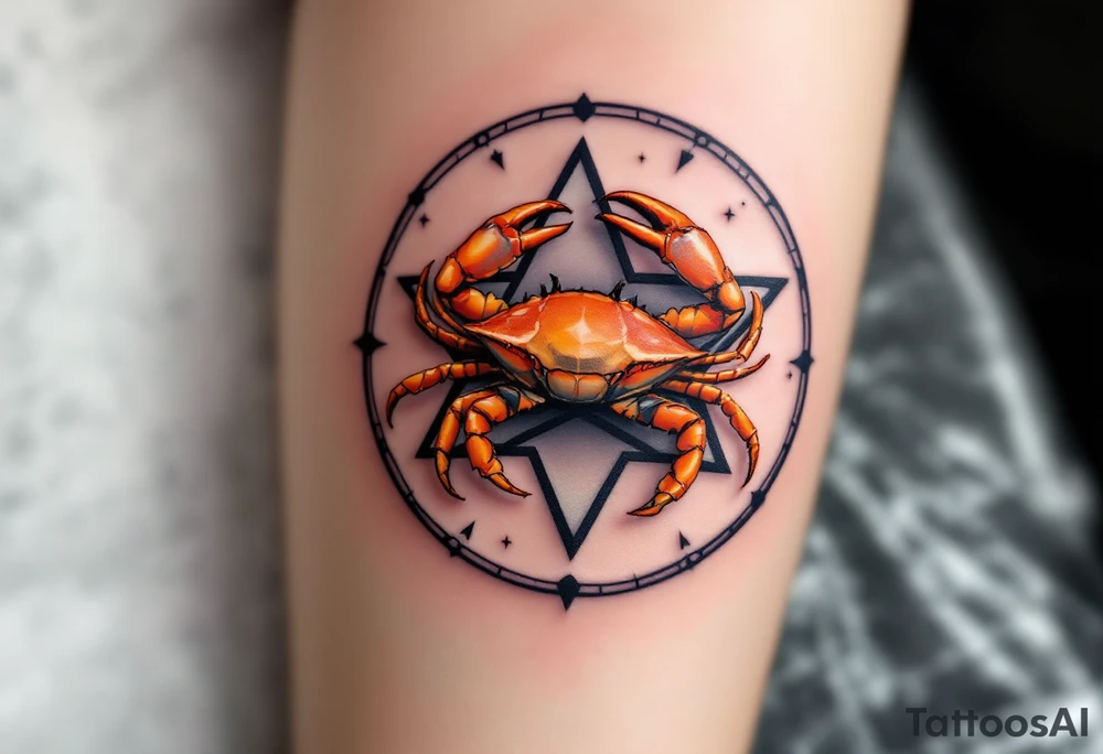 A vibrant orange crab rests at the center of the Cancer star pattern on a muted charcoal background. tattoo idea