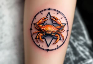 A vibrant orange crab rests at the center of the Cancer star pattern on a muted charcoal background. tattoo idea