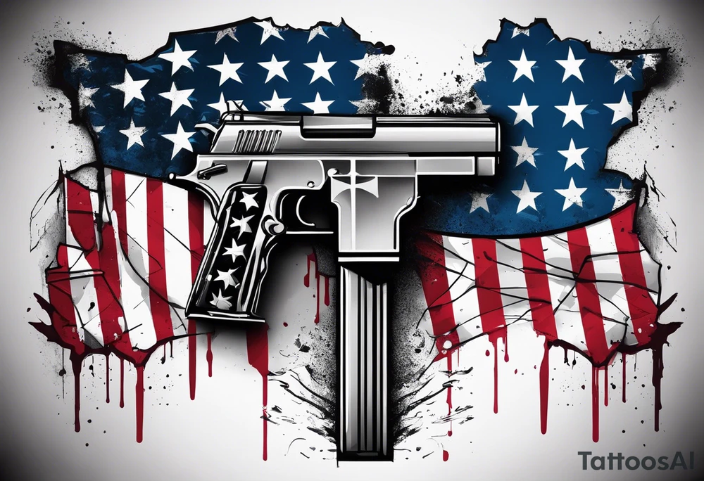 Distressed American flag behind cross with 2 guns leaned on it simple tattoo idea Distressed American flag behind cross with 2 guns leaned on it simple tattoo idea