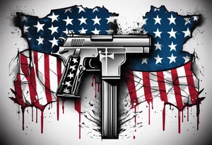 Distressed American flag behind cross with 2 guns leaned on it simple tattoo idea
