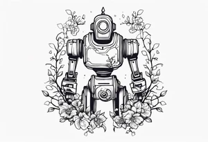 Abandoned Robot covered in flowery vines, forearm tattoo tattoo idea