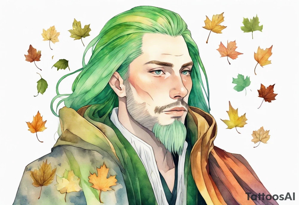 A tall, beautiful Swedish man with long rainbow hair. Green tinted skin. Wearing a medieval cloak made out of autumn leaves. tattoo idea