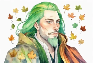 A tall, beautiful Swedish man with long rainbow hair. Green tinted skin. Wearing a medieval cloak made out of autumn leaves. tattoo idea