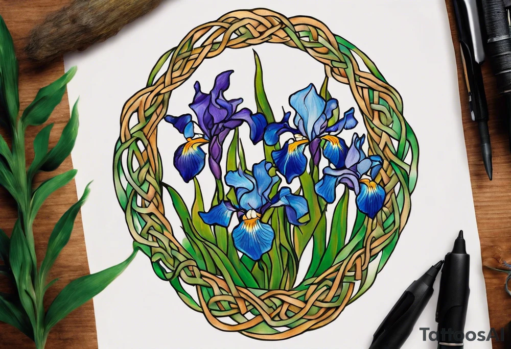 Create a small, thick colorful Vincent van Gogh Irises tattoo, with vines in Celtic knots gracefully intertwining at a central point in the middle of the wreath.  The intended placement is on the upper chest. The overall design should be small in size while maintaining a delicate and artistic aesthetic. Pay attention to the graceful flow of the vines and the placement of the irises to achieve a refined and elegant look. Mountains need to be inside the design tattoo idea