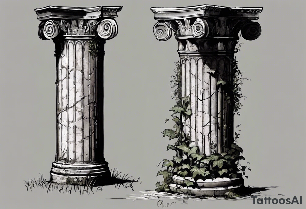 I want an ancient Roman pillar, with apparent cracks on it and a little bit of overgrown plants such as, but not limited to, ivy. The top part of the pillar has fallen off and is found to the right of the pillar. The top part shows that it is an Ionian pillar and has the word "OMNIA" written on it. The tattoo has some shading as the pillar is turned very slightly, about 10 degrees, to the right. The top part of the pillar must have fallen off, and is slightly crumbled. tattoo idea