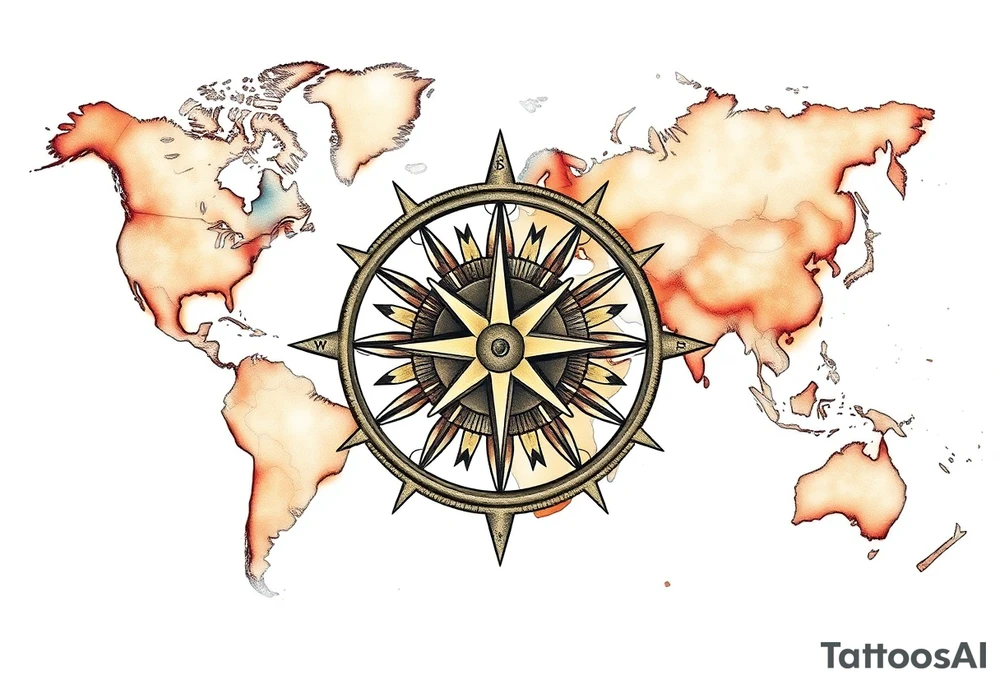 antique compass rose overlaid on weathered world map with sailing ships tattoo idea