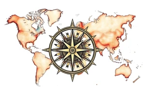 antique compass rose overlaid on weathered world map with sailing ships tattoo idea