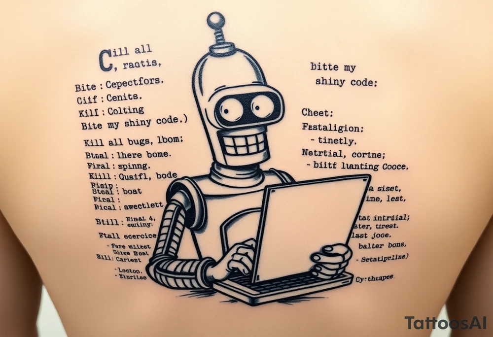 Tattoo design of a humorous robot inspired by Bender from Futurama, holding a laptop or typing on a keyboard, surrounded by lines of code in a programming language like C#. Include funny text like 'Kill all bugs' or 'Bite my shiny code'. Make it detailed but in a cartoon/comic style. tattoo idea
