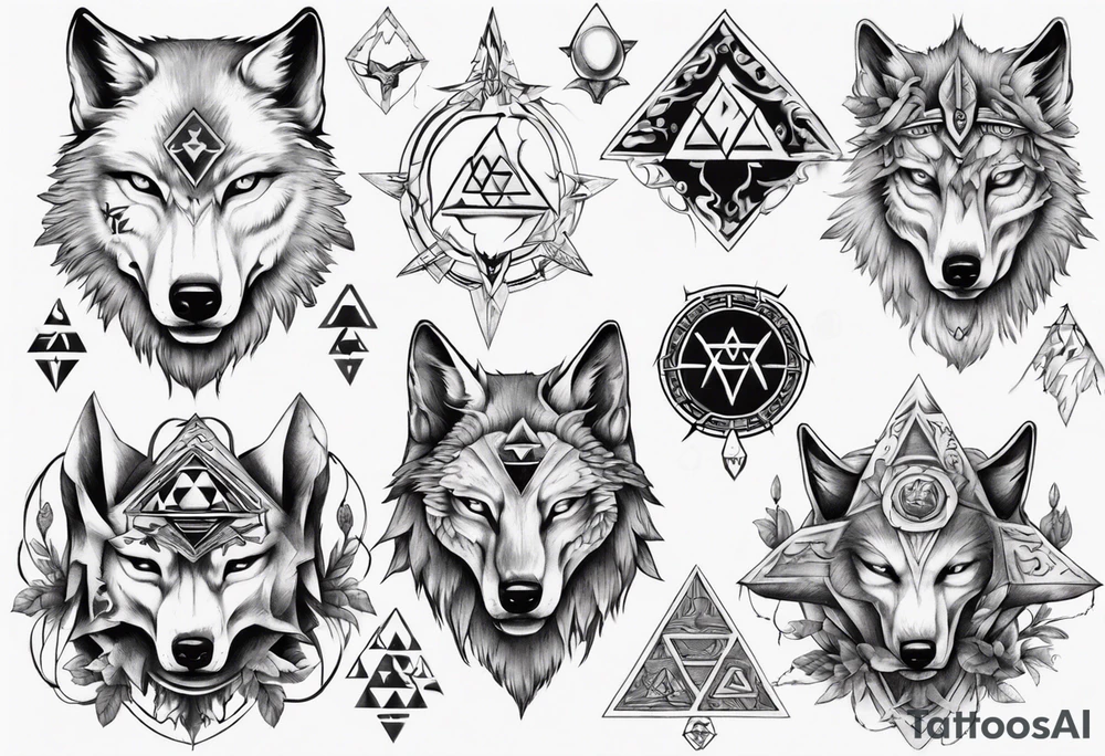 wolf head with zelda symbols around tattoo idea