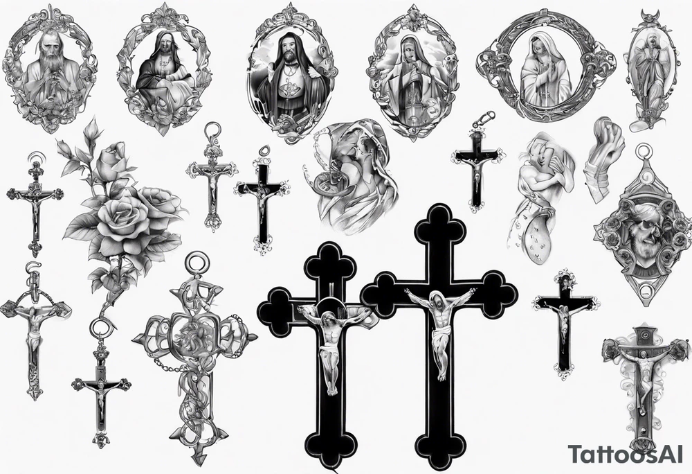 men’s arm sleeve, the name Peters, rosary, prayers tattoo idea