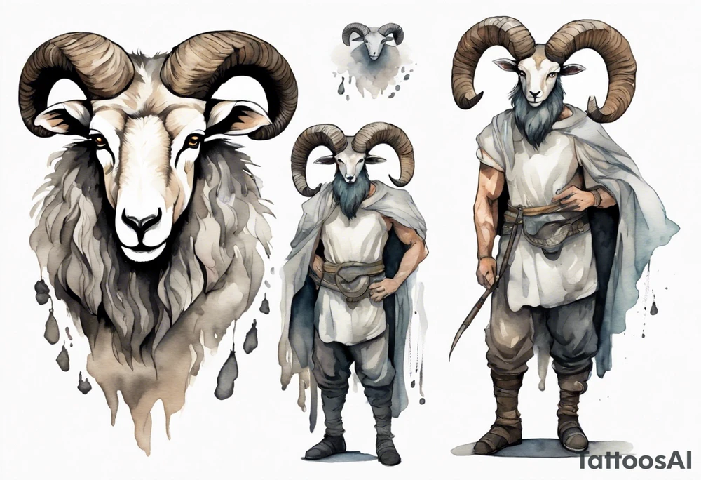 a broad-shouldered man with the head of a big-horned sheep, wearing a grey tunic standing before a cave tattoo idea
