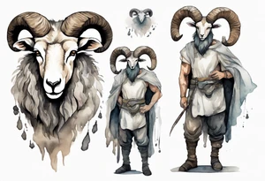 a broad-shouldered man with the head of a big-horned sheep, wearing a grey tunic standing before a cave tattoo idea