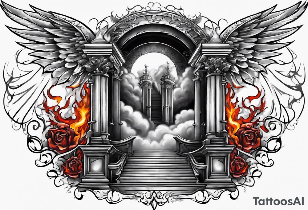 Chest tattoo design split down the middle. Angel/heaven side on the left with a staircase going up. Devil/hell side on the right with a staircase going down. Clouds on the angel side. Flames on the hell side. One angel wing & one devil wing as background features. tattoo idea
