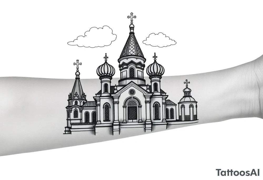 highly detailed Russian Orthodox cathedral with onion domes and orthodox crosses, done in fine line, engraving-like style. Cohesive composition, black ink only, no color, high contrast, slightly aged, documentary-style, plain light background. with clouds above it and a virgin mary over looking tattoo idea
