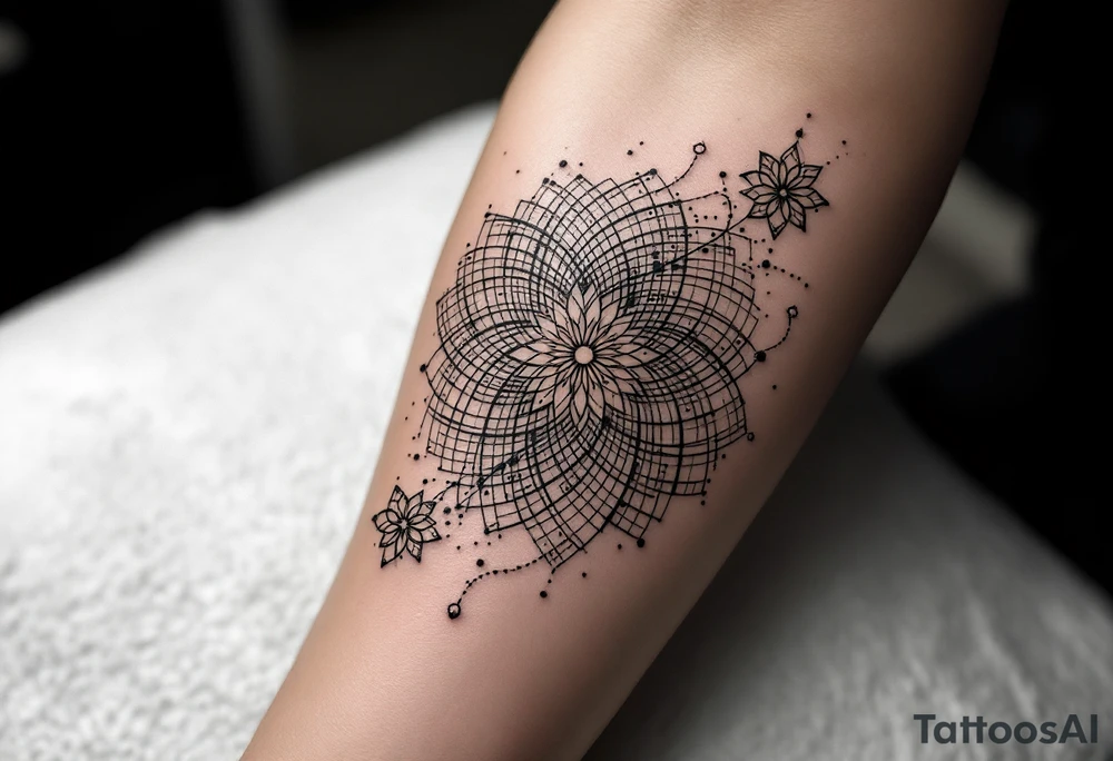 fine-line tattoo, interconnected sacred geometry, multiple mandala fusion, flowing geometric vines, intertwining dotwork patterns, morphing sacred symbols, geometric transformation, overlapping mandala layers, flowing geometric streams, sacred geometry cascade, dotwork connections, radiating interconnected patterns, geometric web, mandala constellation, flowing sacred lines, intertwining geometric forms, dotwork bridges, connected sacred patterns, geometric flow transition, mandala network, artistic geometric fusion, delicate interconnections, black grey shading, no outlines, arm wrap design, organic geometric flow, artistic sacred weaving, geometric poetry, mandala storytelling, interconnected symmetry, flowing sacred architecture tattoo idea