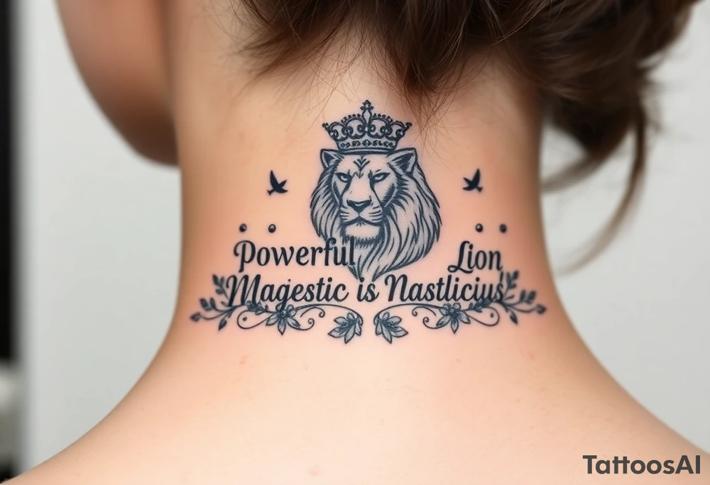powerful majestic lion with a crown, surrounded by floral ornaments and birds tattoo idea