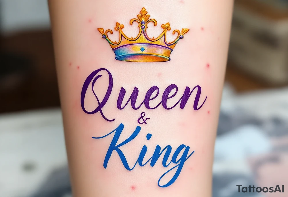 A golden crown floating above the word "Queen" in deep purple script and "King" in royal blue. tattoo idea
