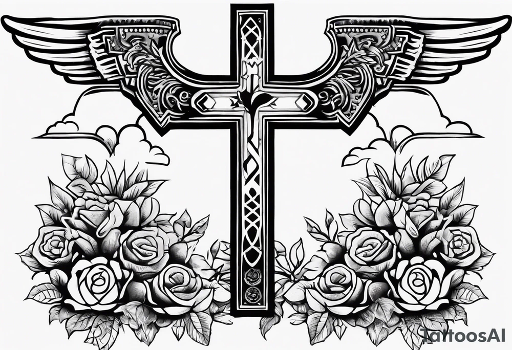Cross with wording saying Loyalty Is Key in old English with two ak-47 and money in the background tattoo idea