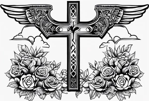 Cross with wording saying Loyalty Is Key in old English with two ak-47 and money in the background tattoo idea