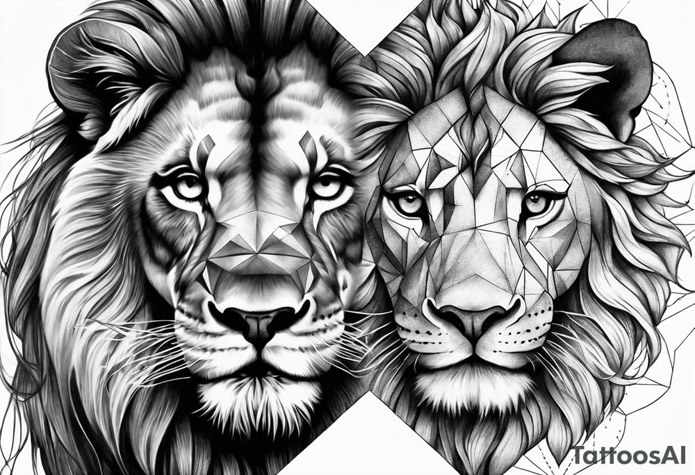 Half lion face and half geometry tattoo idea