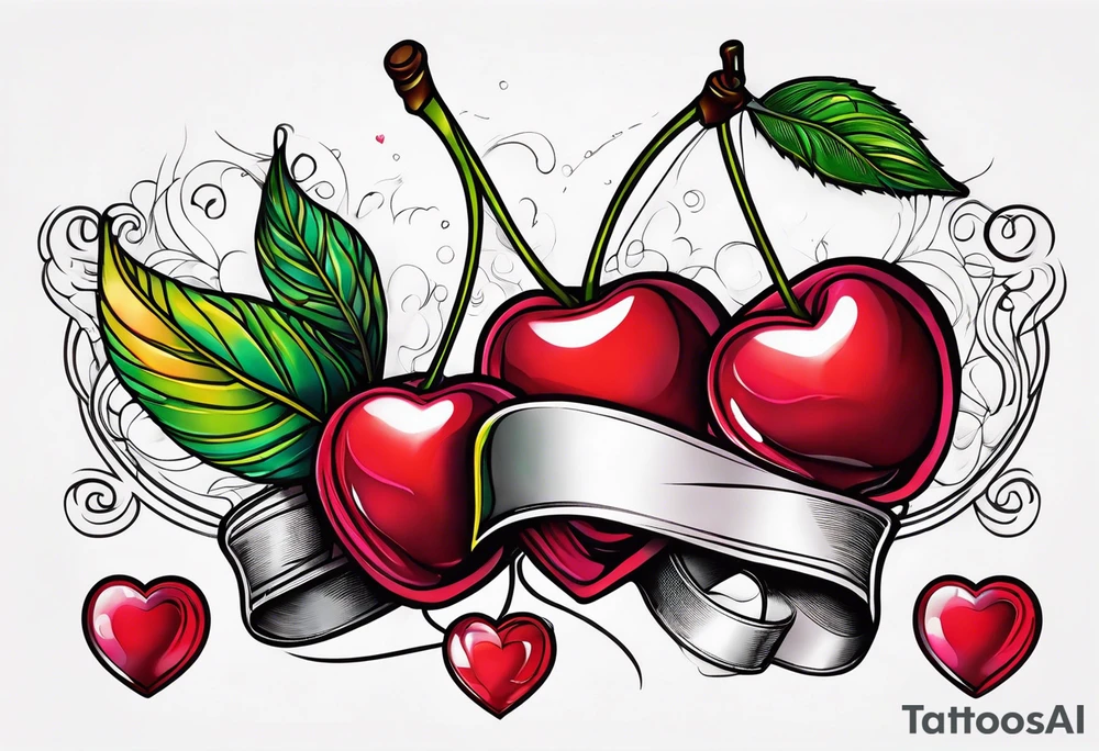 Cherries with ribbon and love heart candy tattoo idea