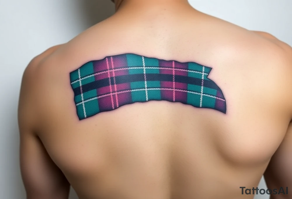 arm Dark Purple with green pink blue and white highlights tartan fabric with flesh peeling away at edges tattoo idea