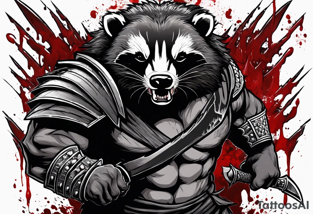 Draw me psychopath Badger/Berserker with aggressive full body, killer face with a scary smile, very long nails and he attacks like a Bloody Assassin/Warrior/Gladiator to us and also, he has very deadly looking. He fights with his nails. Everybody scares after their first sight. Give me horror type Badger Tattoo. I want to see his Realistic full body. tattoo idea